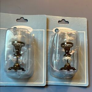 Elegant miniature oil lamps for electrified doll house. New Unopened package.